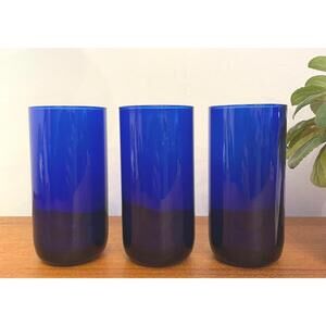 Vintage Libbey Metropolitan Cobalt Blue Glass Tumblers Set of 3 15cm Mid-Century